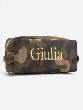 Customized "Camouflage" print Beauty Case with Times font embroidery in gold color