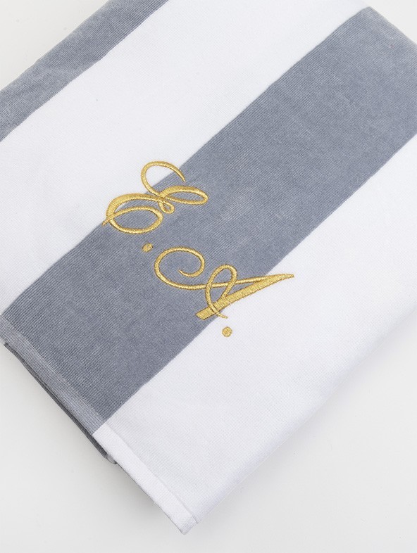 Customized "Yacht" beach towel pearl/white with gold color italic font embroidery