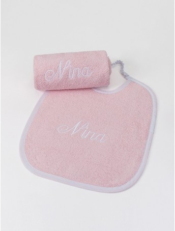 Bavaglio e asciugamano Baby personalizzato - Rosa profilo Bianco carattere corsivo bianco