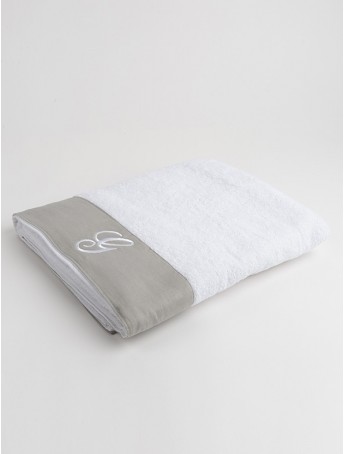 Sponge Bath Towel with Grey linen border and embroidered
