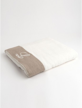 Sponge Bath Towel with taupe linen border and embroidered
