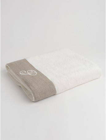 Sponge Bath Towel with taupe linen border and embroidered