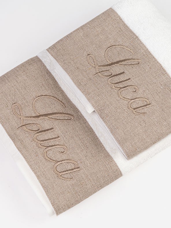Customized couple sponge sowel with taupe linen border