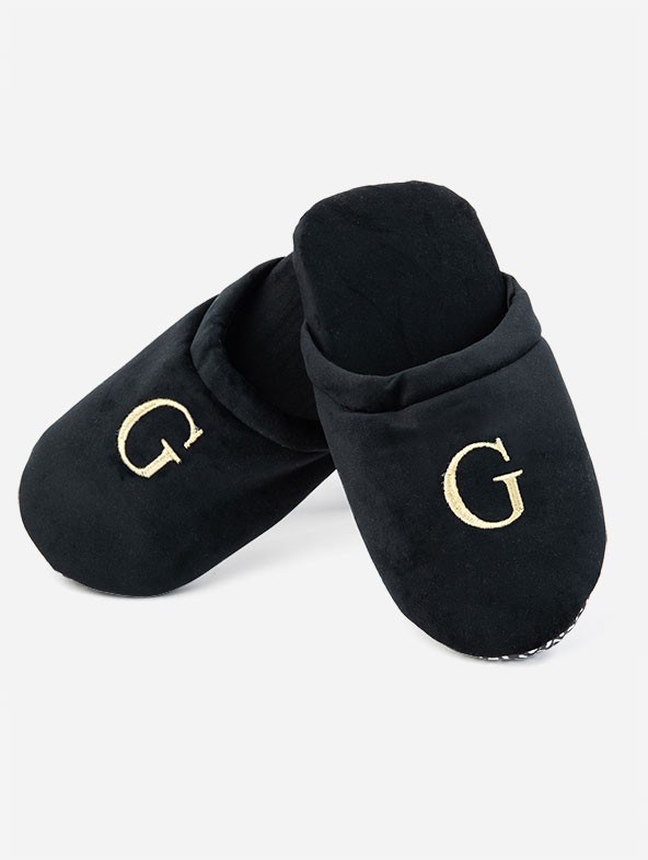 Black velvet Slippers with Alphabetical initials