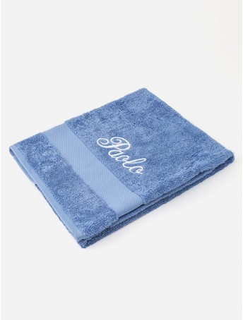 Periwinkle terry towel with italic font embroidery