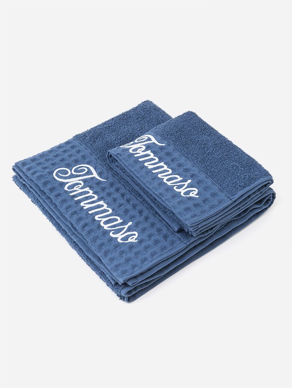 Denim with italic font embroidery