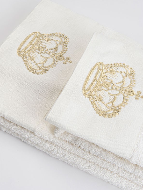 Couple Sponge Towel with taupe linen border "Royal"