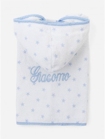Light-blue stars Baby poncho customized with light-blue italic embroidery