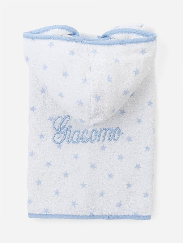 Light-blue stars Baby poncho customized with light-blue italic embroidery