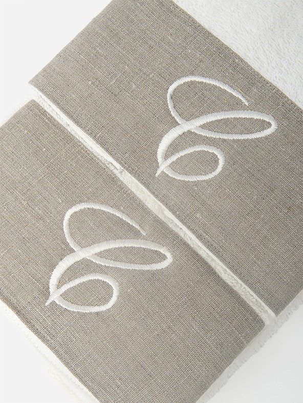 Couple Sponge Towel with taupe linen border and embroidered