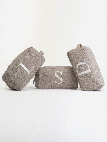 Beauty-case in taupe jute with embroidery letter Times font